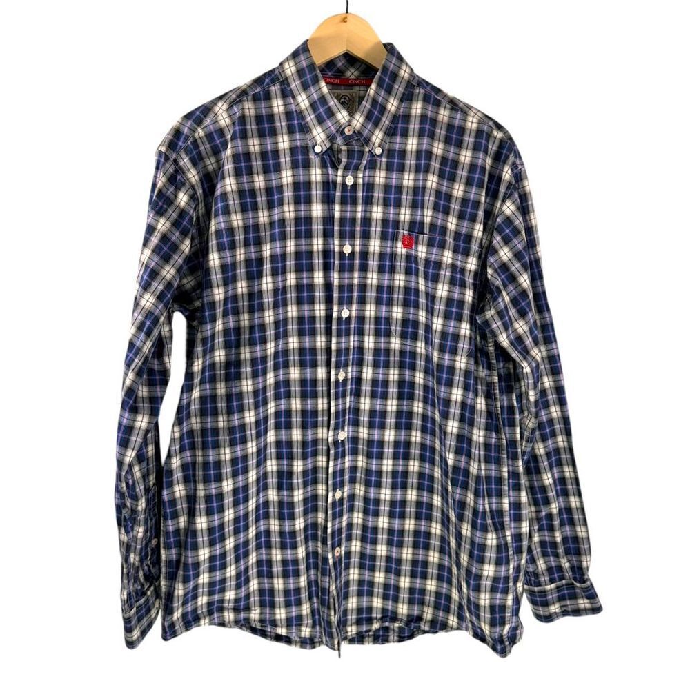 Cinch Men's M Blue Plaid‎ Long Sleeve Button-Up Shirt Embroidered Casual Western